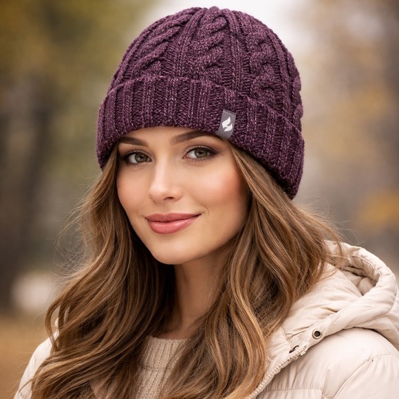 Heat Holders Accessories - Heat Holders Womens Purple Cable Knit Beanie Thermal HeatWeaver Lined Winter Hat